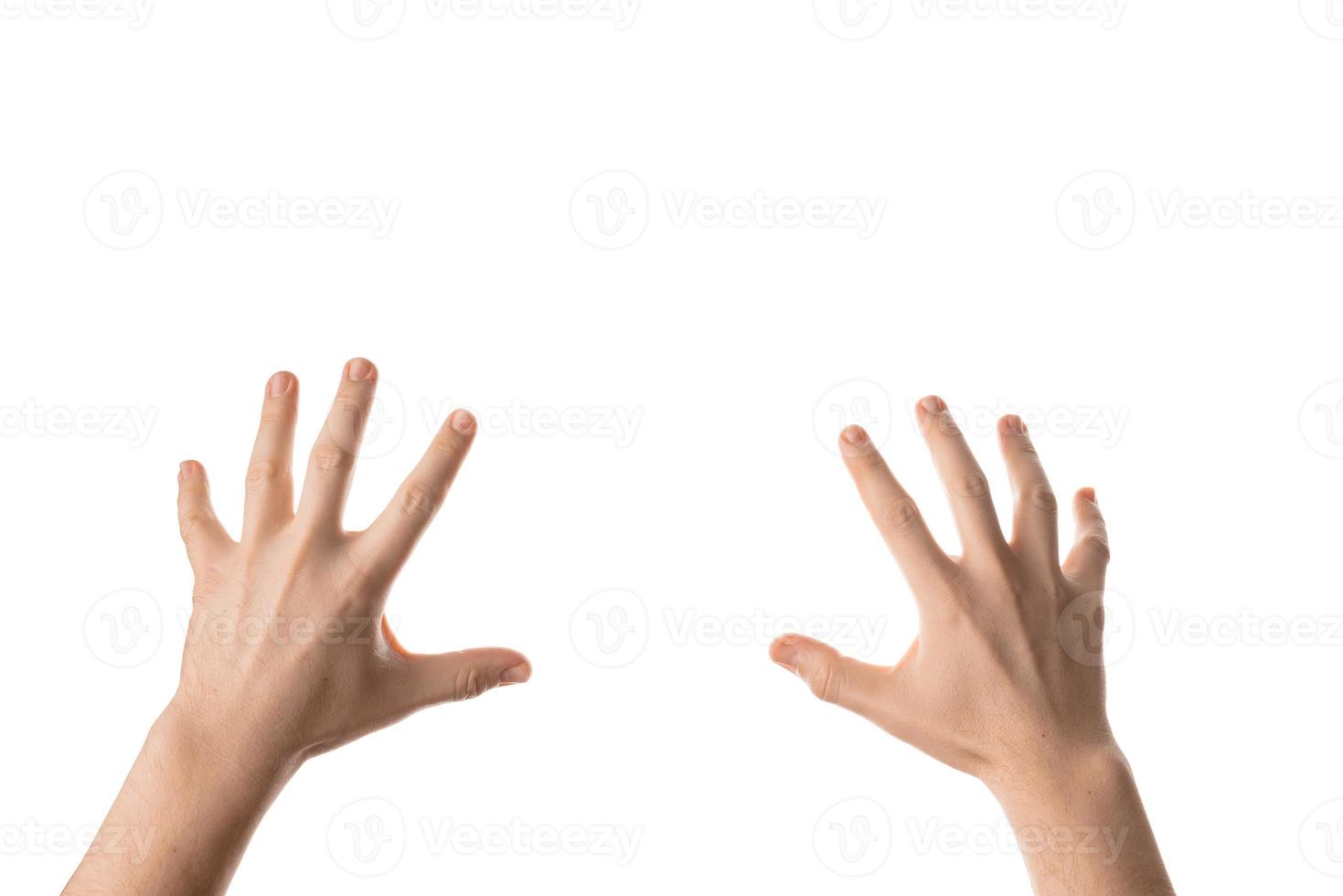 Man hand hold, grab or catch some object, hand gesture. Isolated on white background. photo