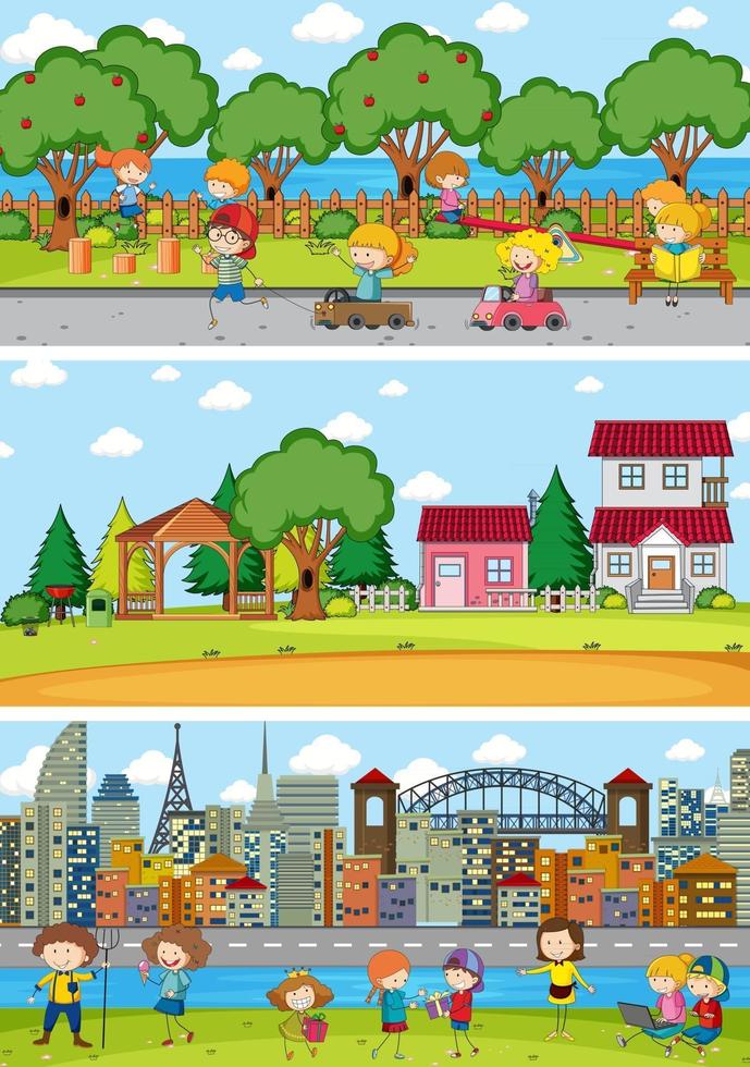 Set of different horizon scenes background with doodle kids cartoon character vector