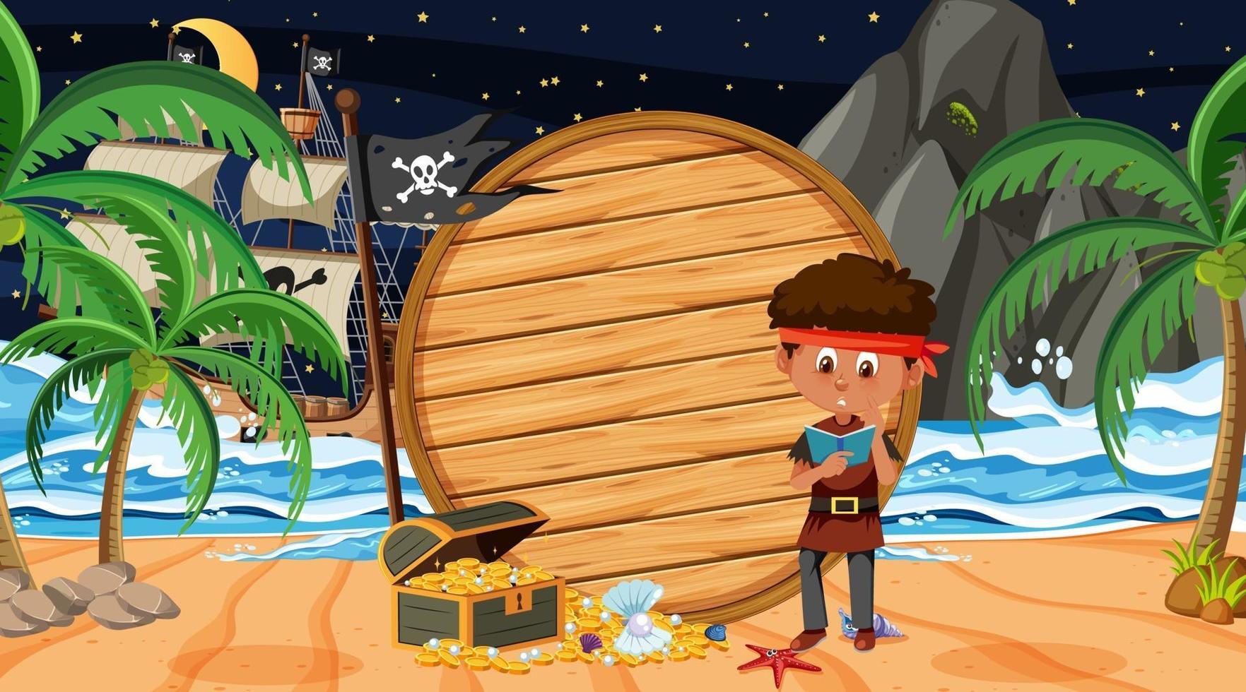 Pirate kids at the beach night scene with an empty wooden banner template vector