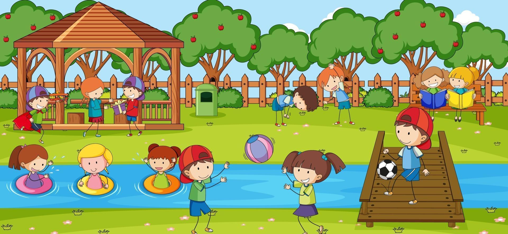 Outdoor scene with many kids playing in the park vector