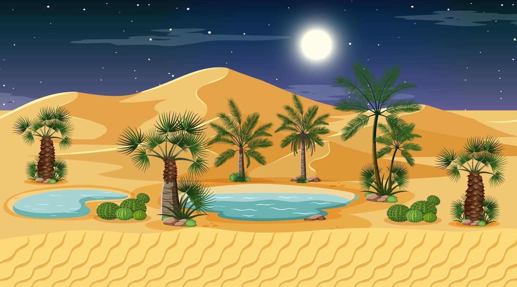 paisaje de bosque desértico en la escena nocturna con oasis vector