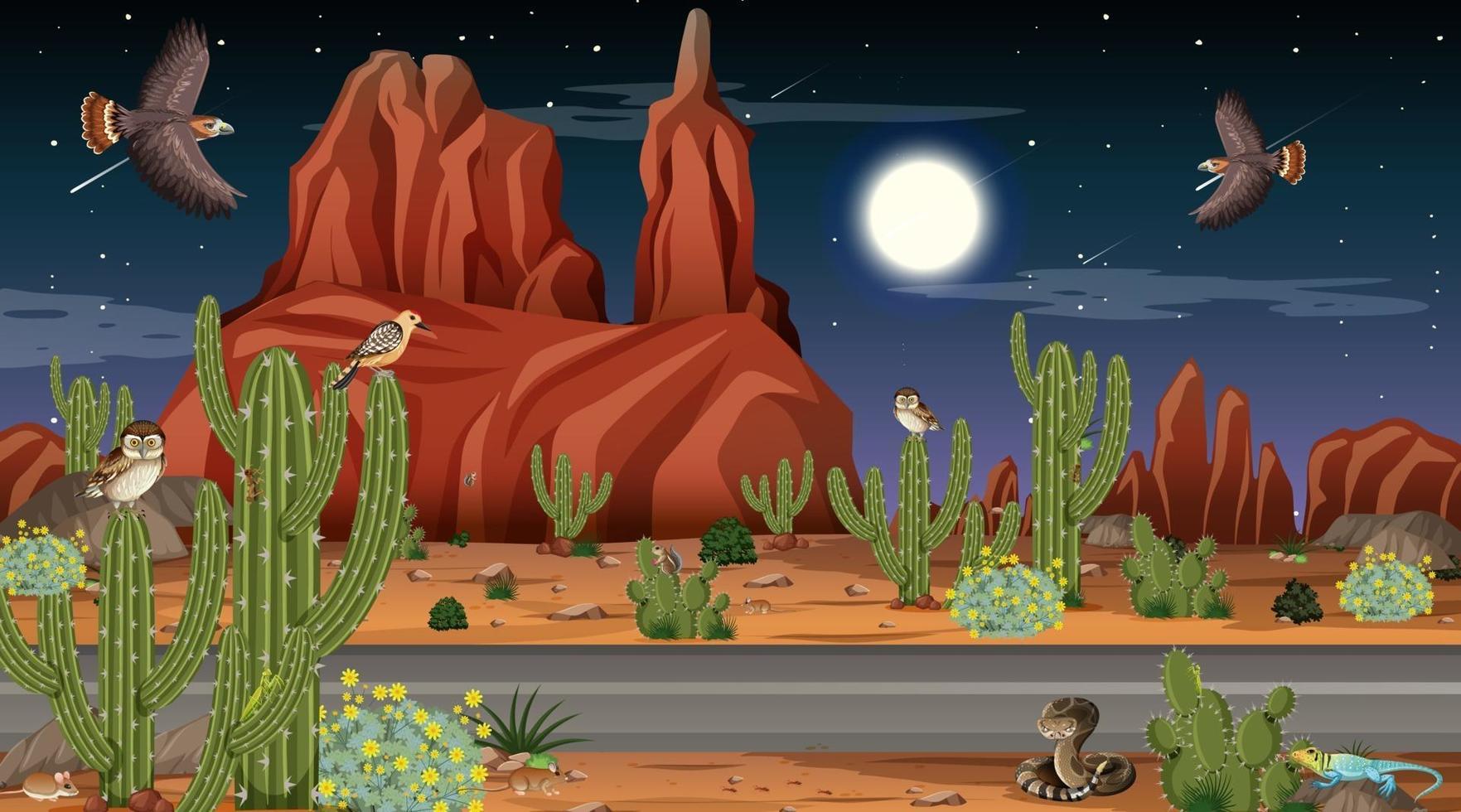 paisaje de bosque desértico en la escena nocturna con animales y plantas del desierto vector