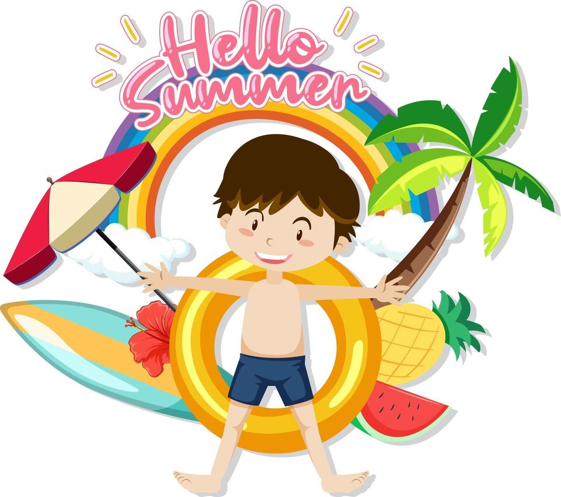 Hello Summer font with a boy and beach items isolated vector