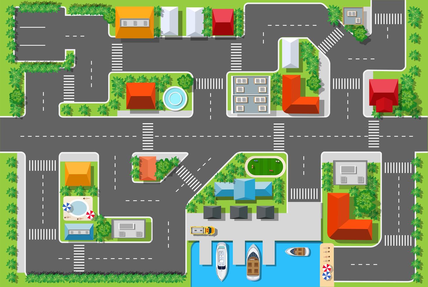 Top view of a highway in the city with houses vector