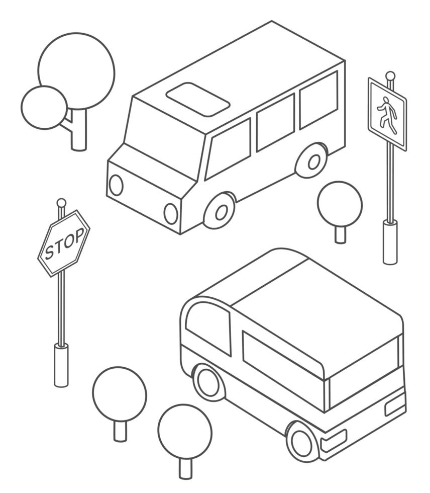 autobús isométrico infraestructura urbana coches y autobuses. vector