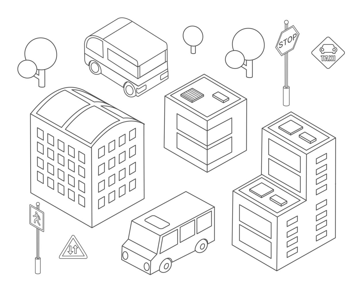 Isometric bus urban infrastructure cars and buses vector