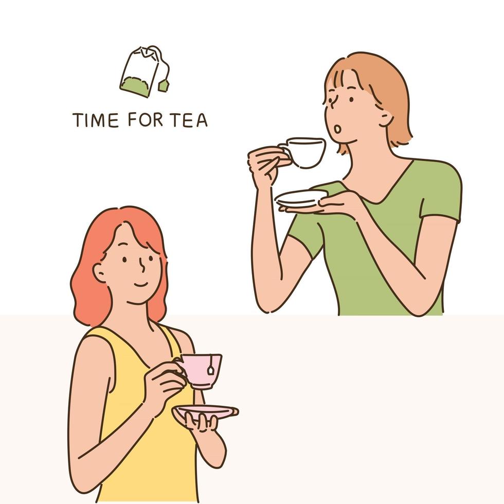 dos mujeres sostienen tazas de té y beben té. ilustraciones de diseño de vectores de estilo dibujado a mano.
