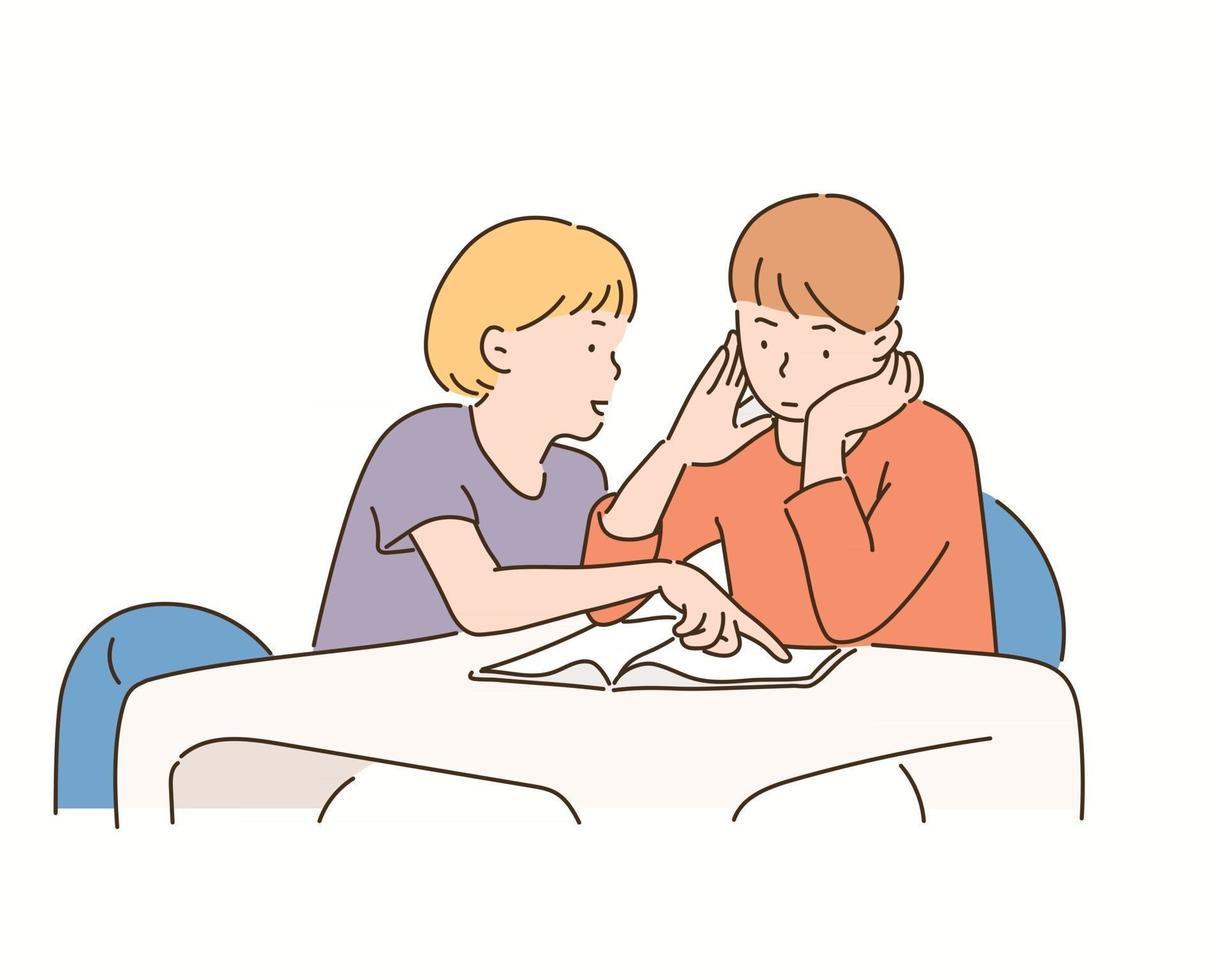 A girl is teaching a boy to study. hand drawn style vector design illustrations.