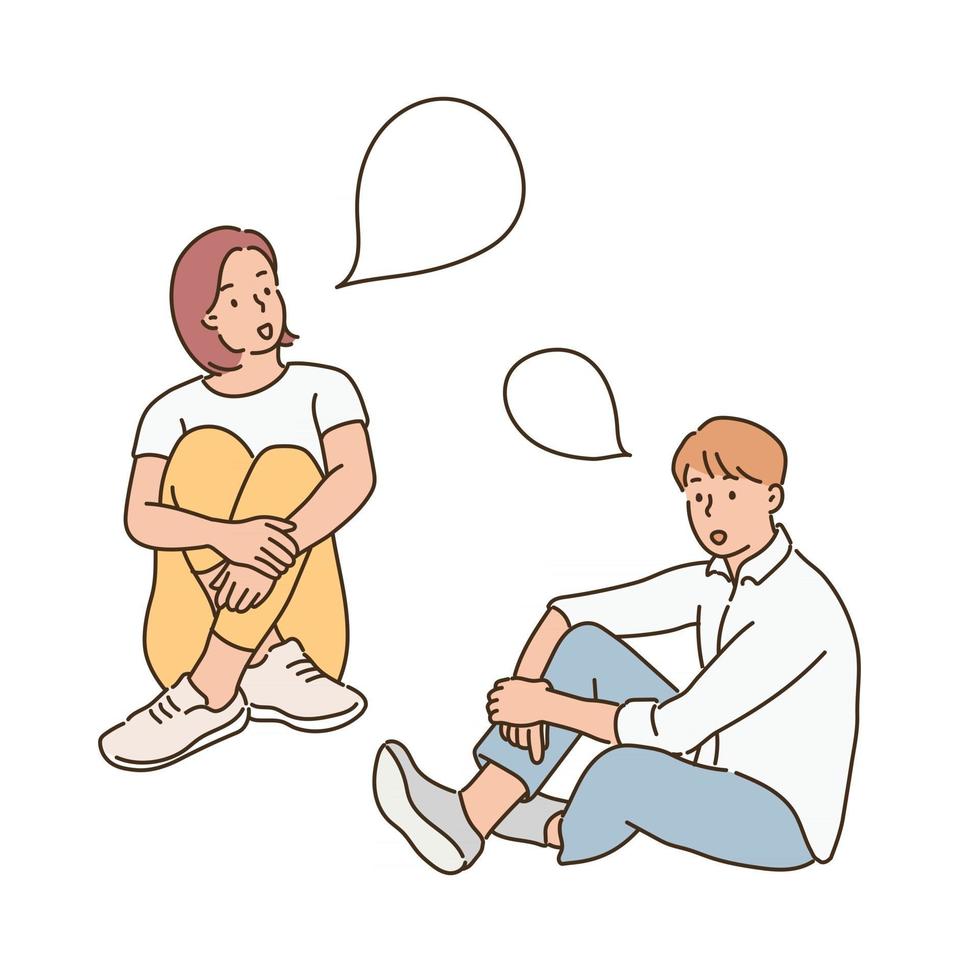 Two men and women are sitting on the floor and talking. hand drawn style vector design illustrations.