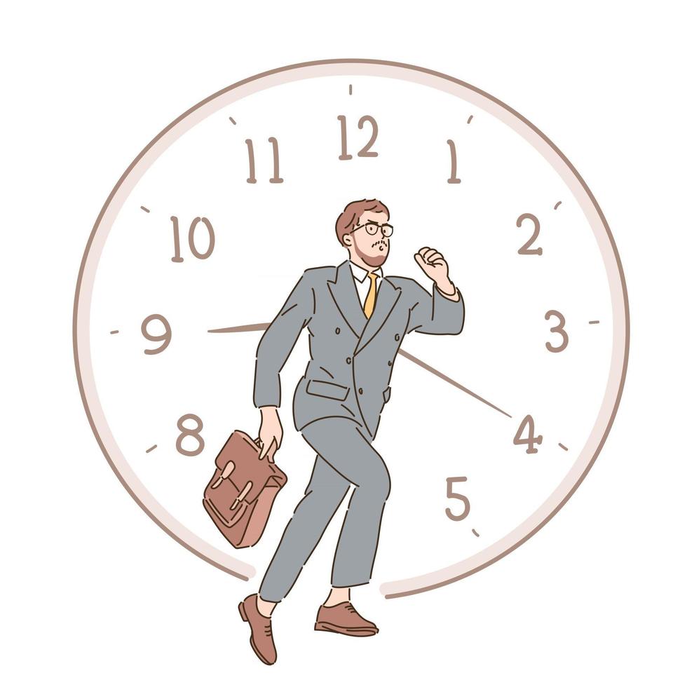 un hombre de negocios está corriendo y hay un reloj detrás de él. ilustraciones de diseño de vectores de estilo dibujado a mano.