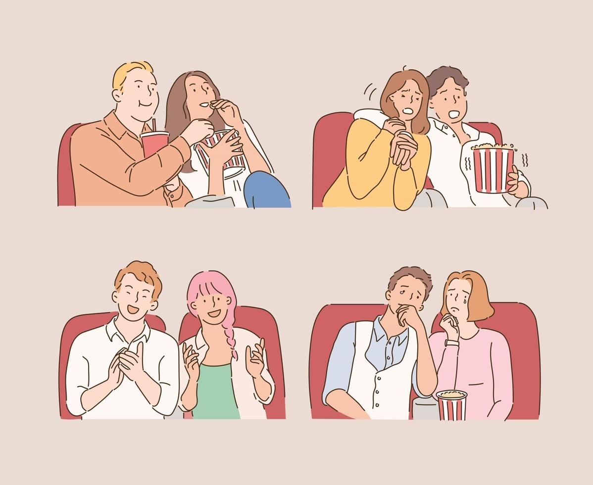 Several couples are watching a movie in the cinema and making various expressions. hand drawn style vector design illustrations.