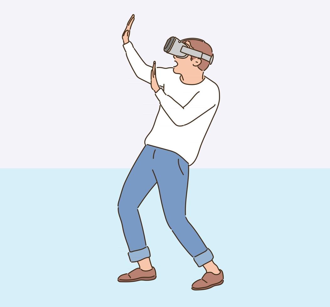 A man is wearing VR glasses and making a surprised gesture.  hand drawn style vector design illustrations.