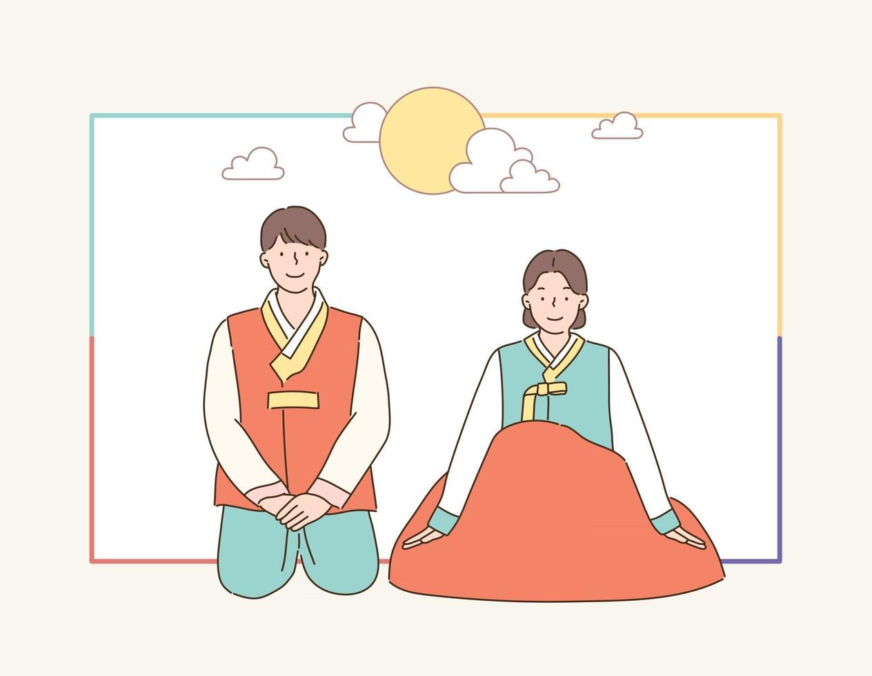 A couple in traditional Korean clothes are sitting on the floor and greeting each other. hand drawn style vector design illustrations.