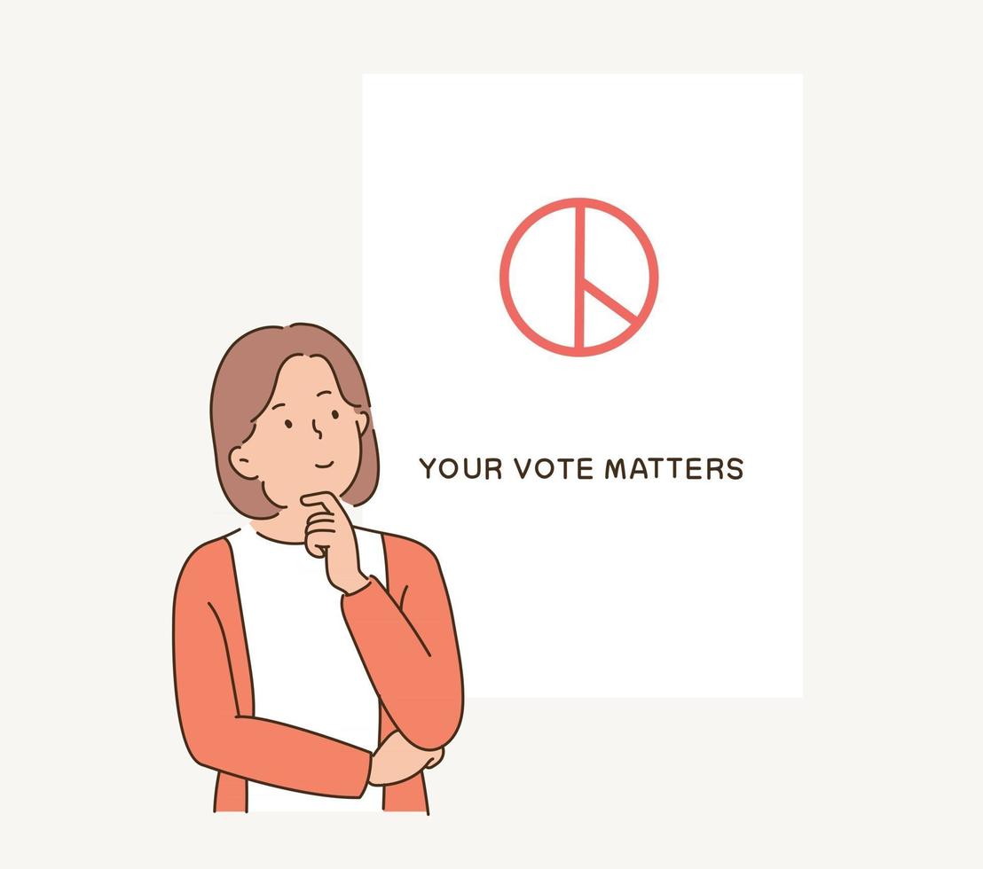 A girl is struggling while looking at the voting paper. hand drawn style vector design illustrations.