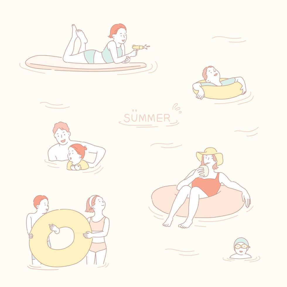 People swimming in a tube in the sea. hand drawn style vector design illustrations.