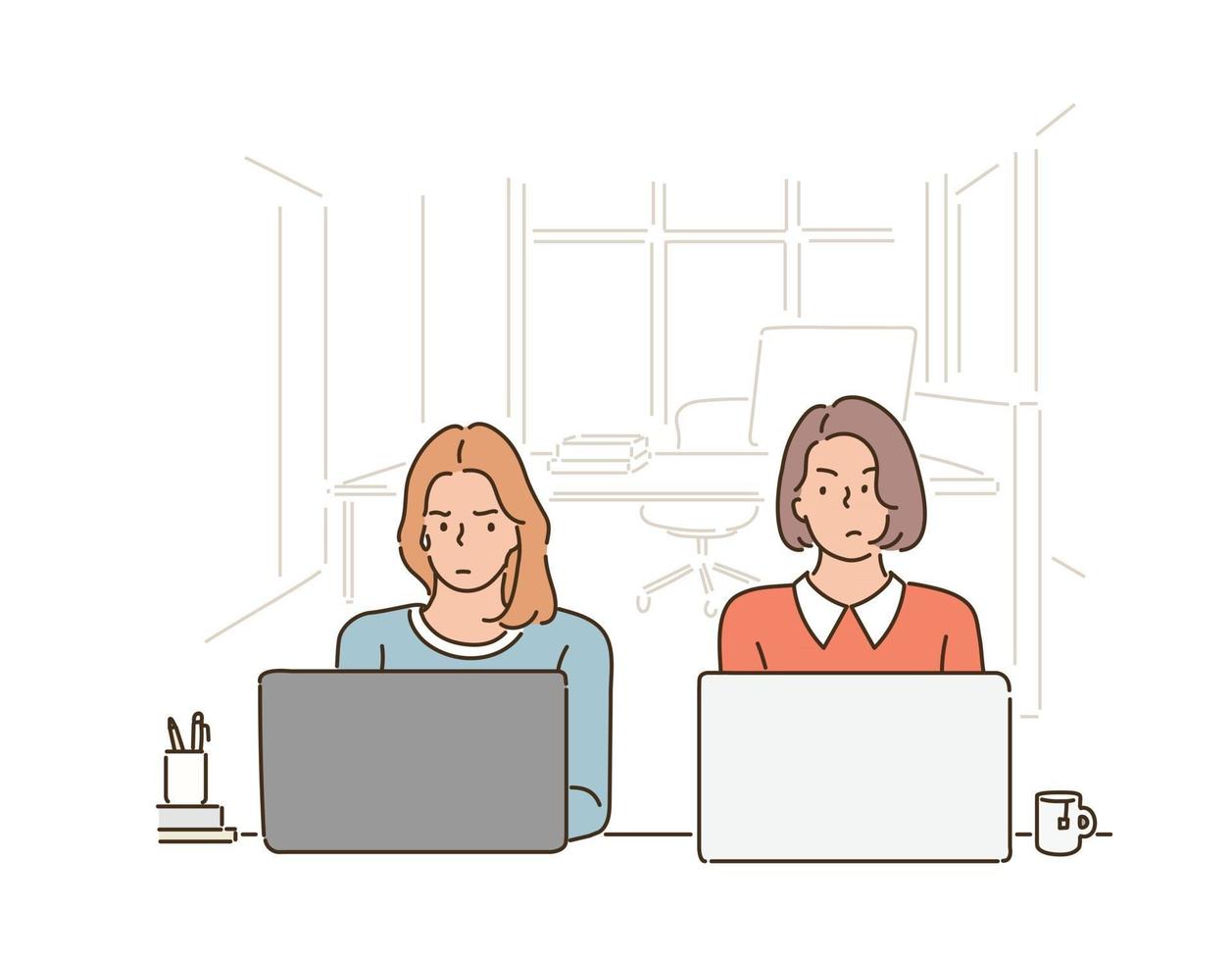 Two women are sitting side by side in a cafe, looking at each other uncomfortably, using a laptop. hand drawn style vector design illustrations.