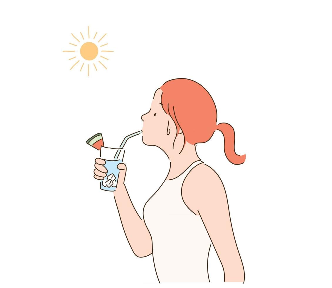 una mujer bebiendo una copa bajo el sol ardiente. ilustraciones de diseño de vectores de estilo dibujado a mano.