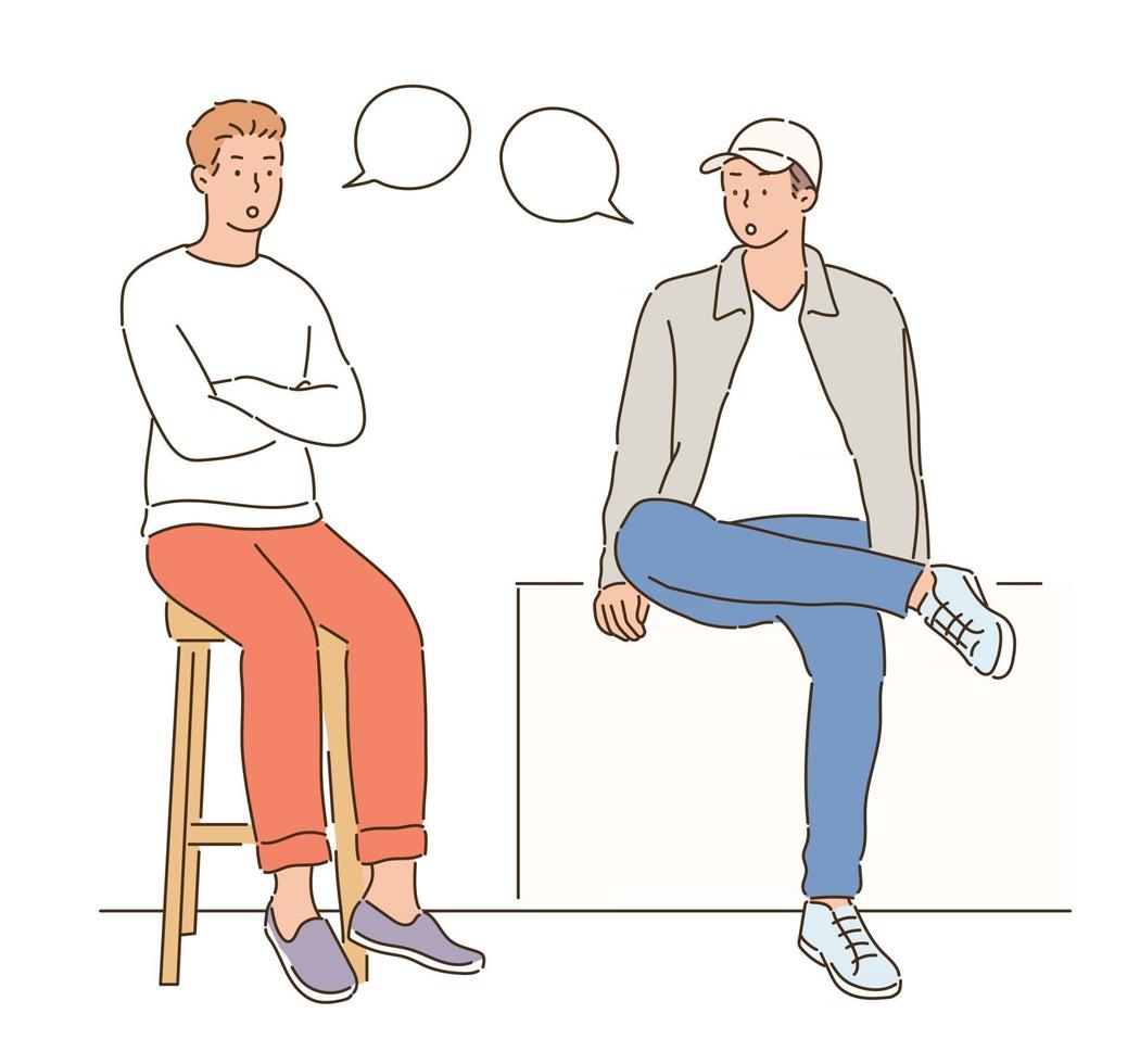 Two men are sitting in a chair and talking. hand drawn style vector design illustrations.