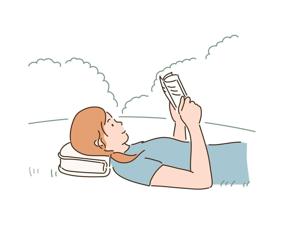 A woman is lying in the park and reading a book. hand drawn style vector design illustrations.