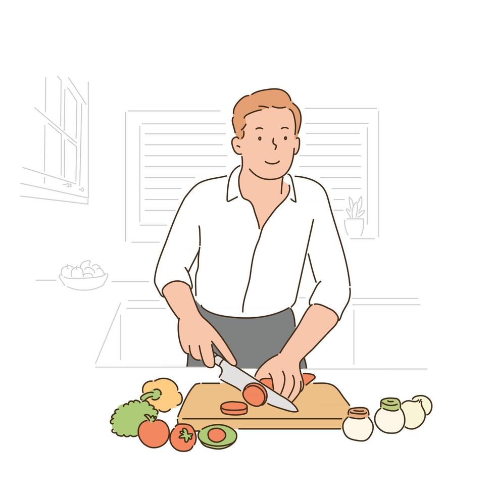 A man is wearing an apron and is cooking in the kitchen. hand drawn style vector design illustrations.