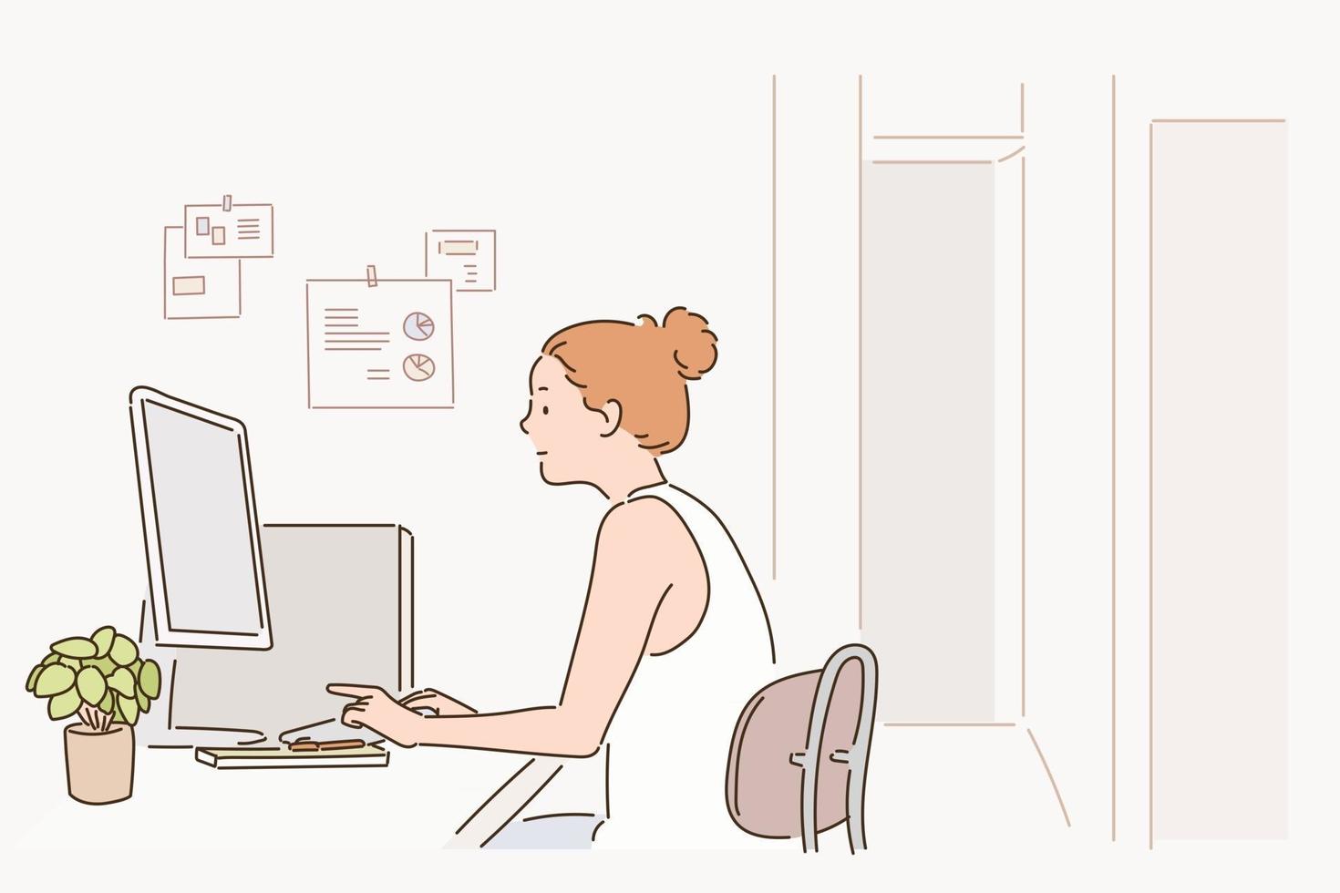 A woman is sitting at her desk and working on a computer. hand drawn style vector design illustrations.