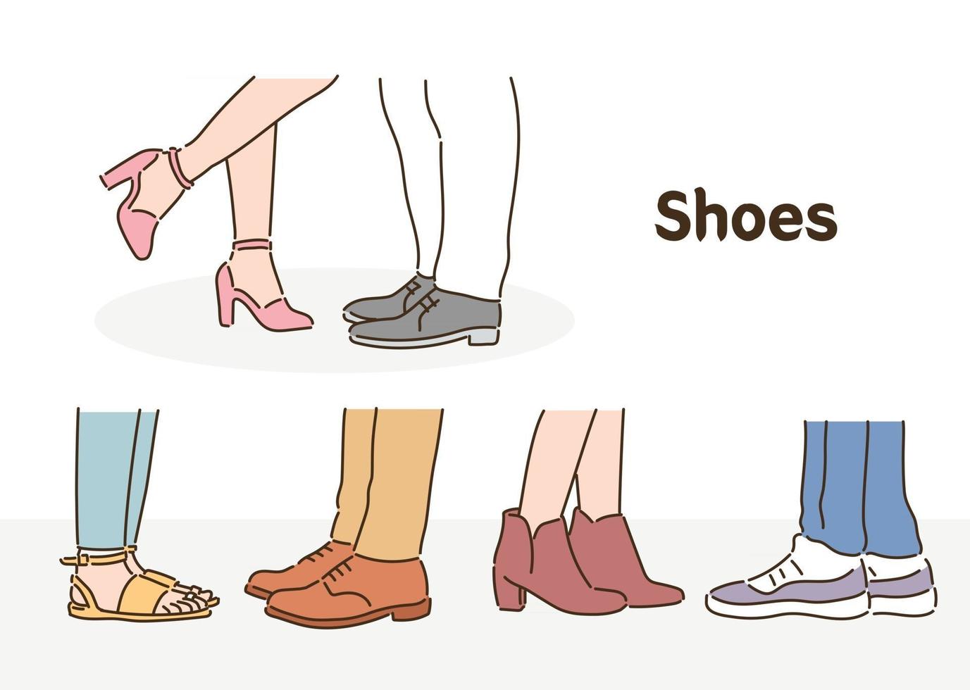 People wearing various shoes. hand drawn style vector design illustrations.