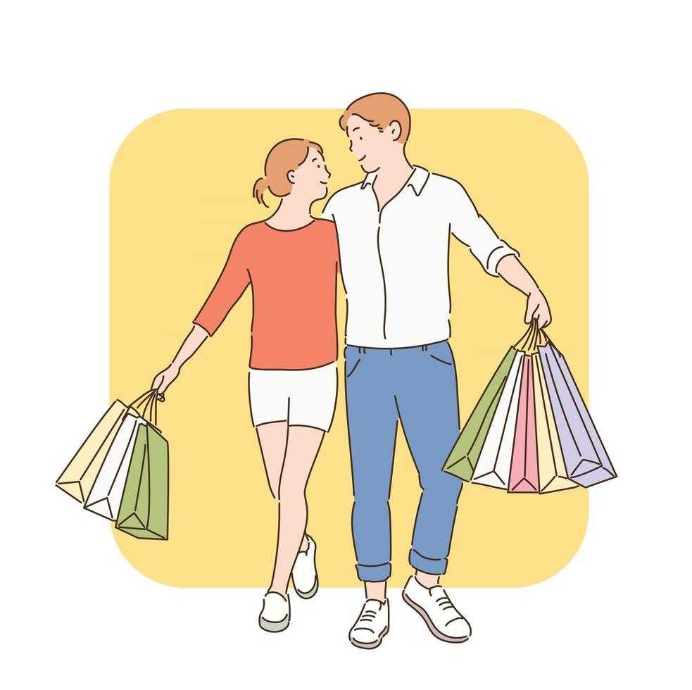 una pareja camina por la calle con bolsas de compras en la mano. ilustraciones de diseño de vectores de estilo dibujado a mano.