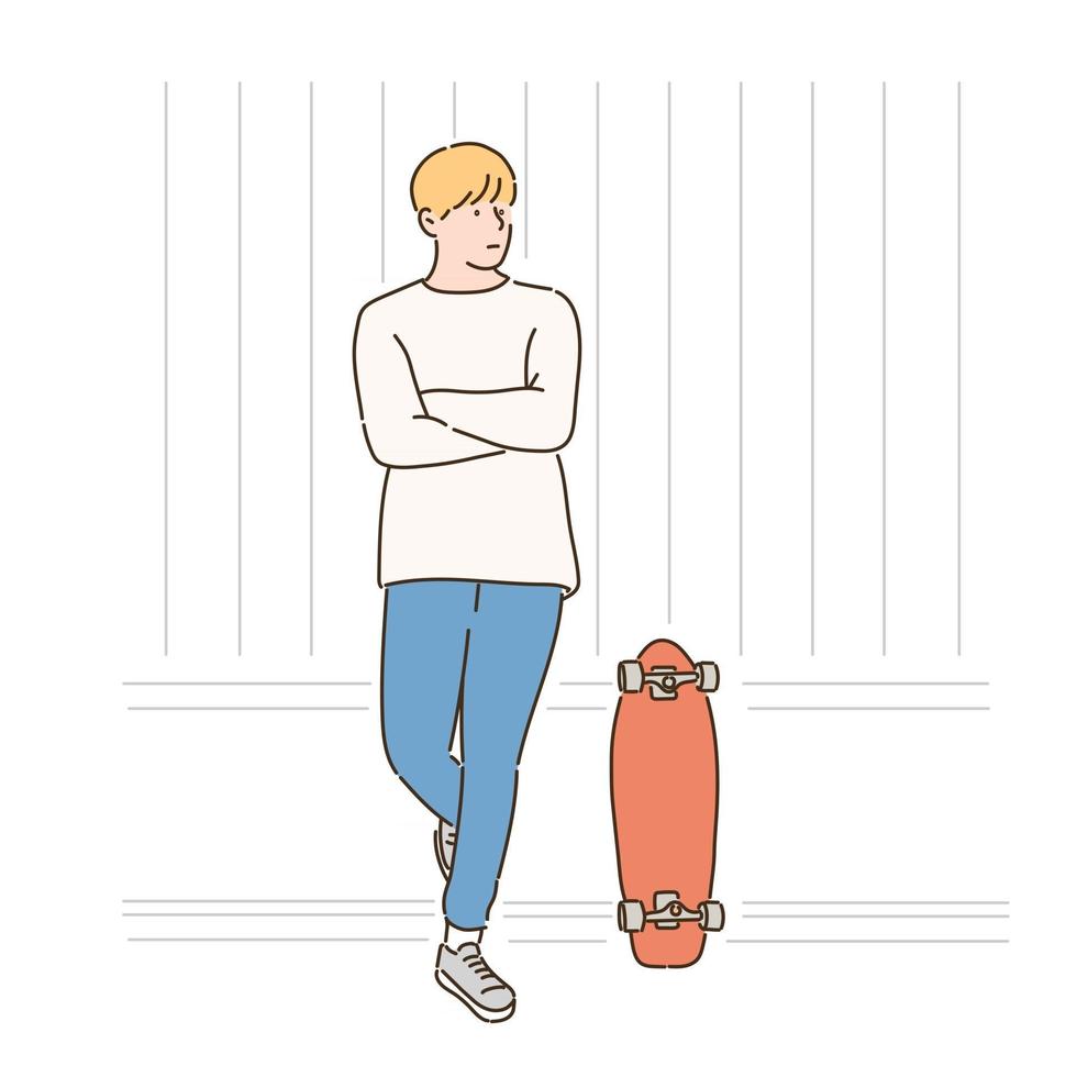 A boy stands leaning against a wall with his skateboard parked. hand drawn style vector design illustrations.