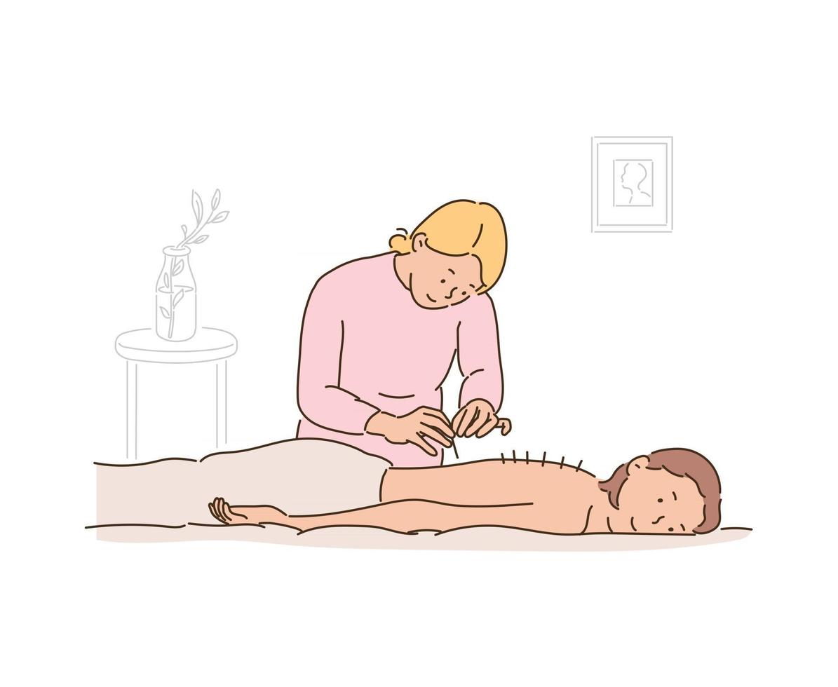 A patient is receiving acupuncture treatment at an oriental clinic. hand drawn style vector design illustrations.