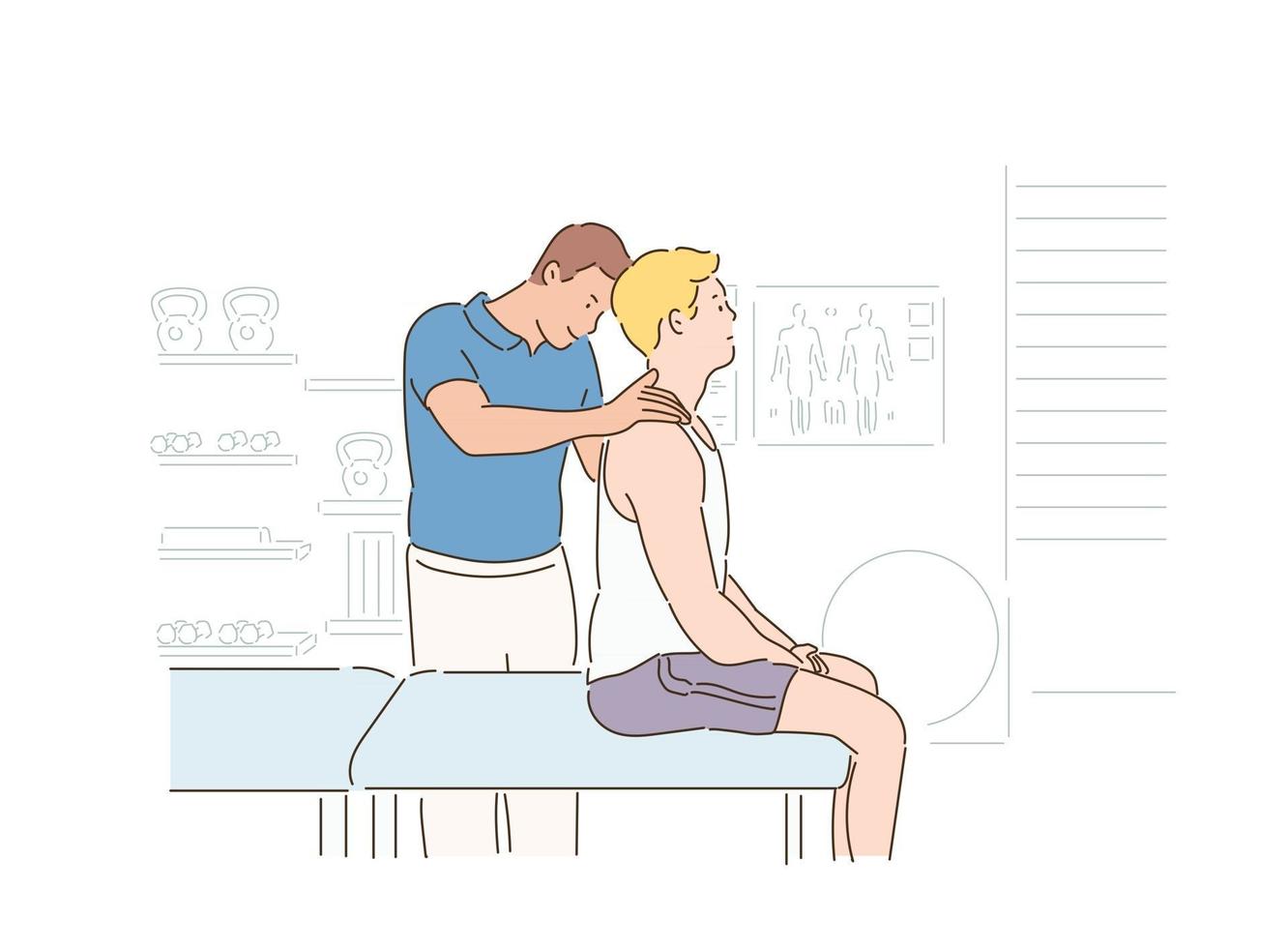 A man is being treated by a physical therapist. hand drawn style vector design illustrations.