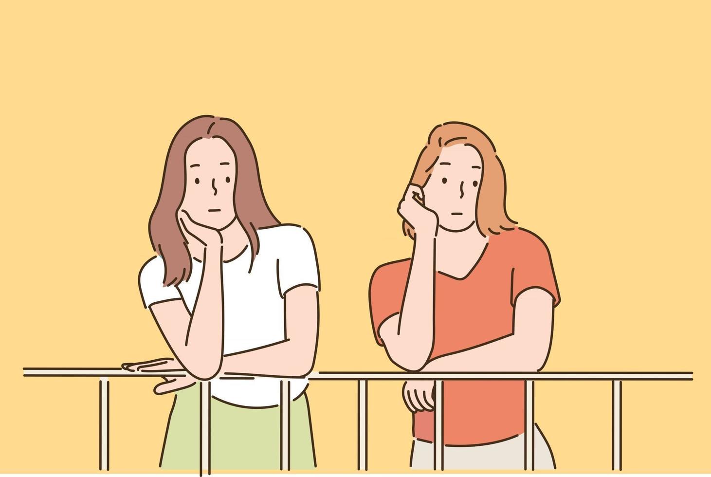 Two women leaning against a railing, clasping their chins with their arms, in thought. hand drawn style vector design illustrations.