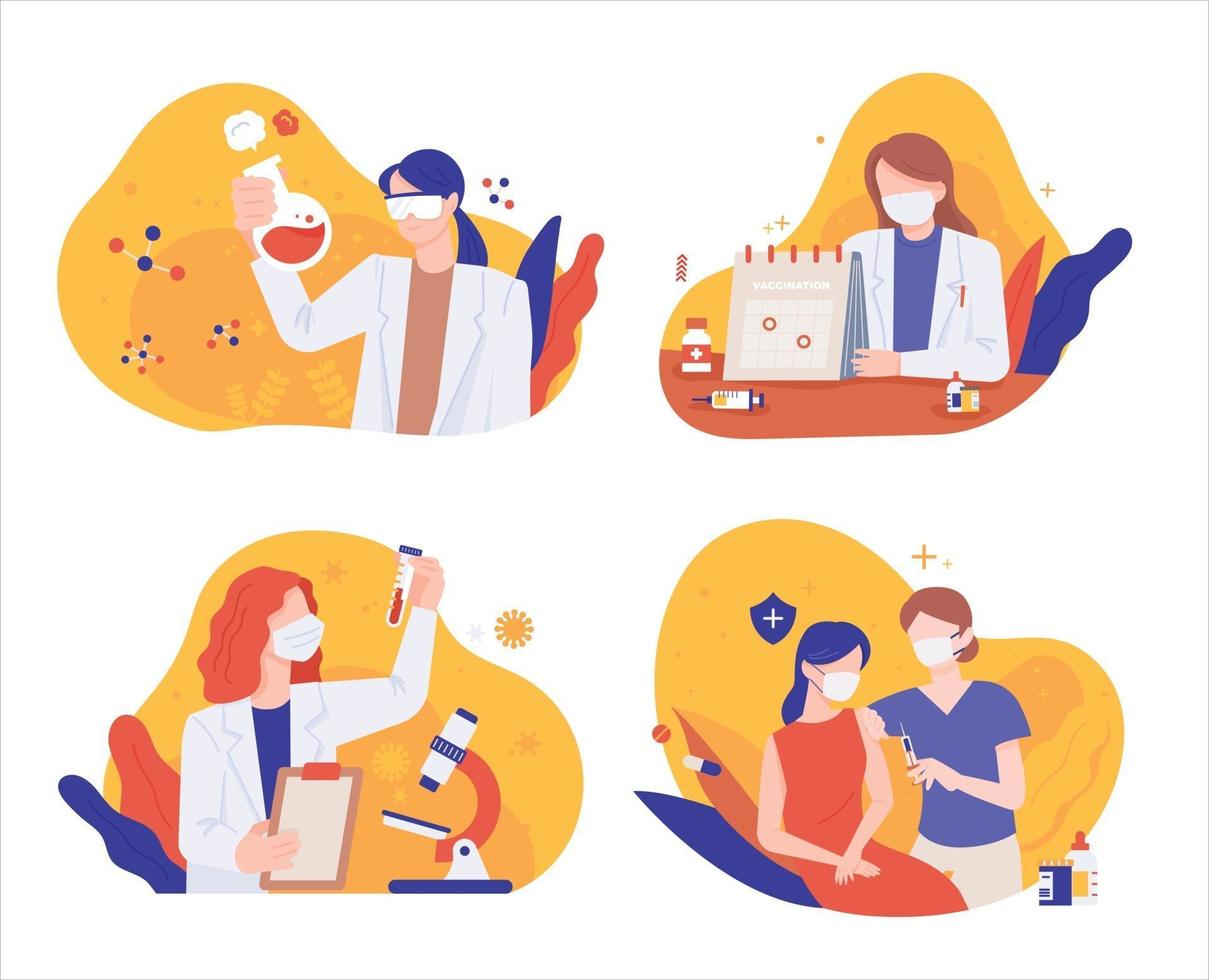 Researchers studying viruses to develop vaccines and doctors immunizing people. flat design sty vector