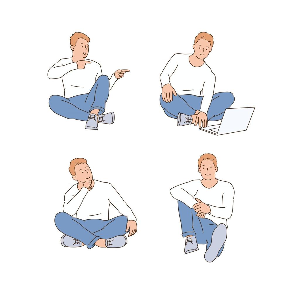 A man is sitting on the floor and doing various expressions and poses. hand drawn style vector design illustrations.