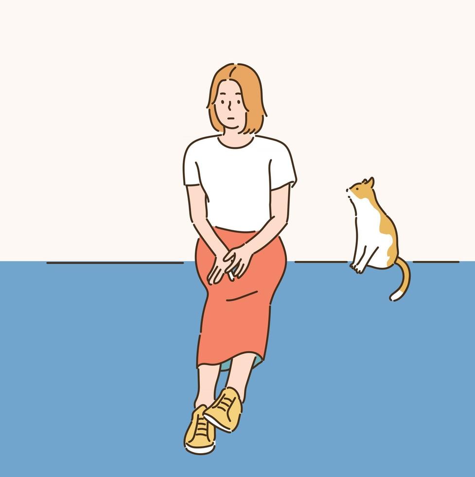 una mujer está sentada y pensando, y un gato pequeño la está mirando a su lado. ilustraciones de diseño de vectores de estilo dibujado a mano.