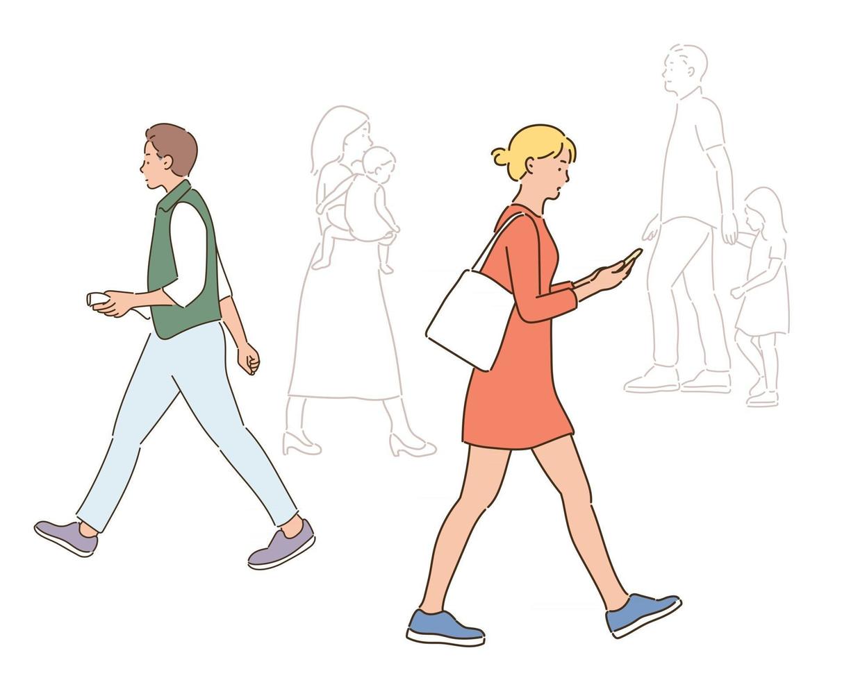 people walking down the street. hand drawn style vector design illustrations.