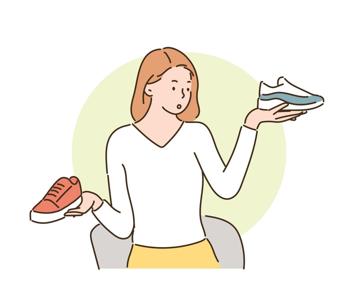 A woman is contemplating with her shoes in both hands. hand drawn style vector design illustrations.