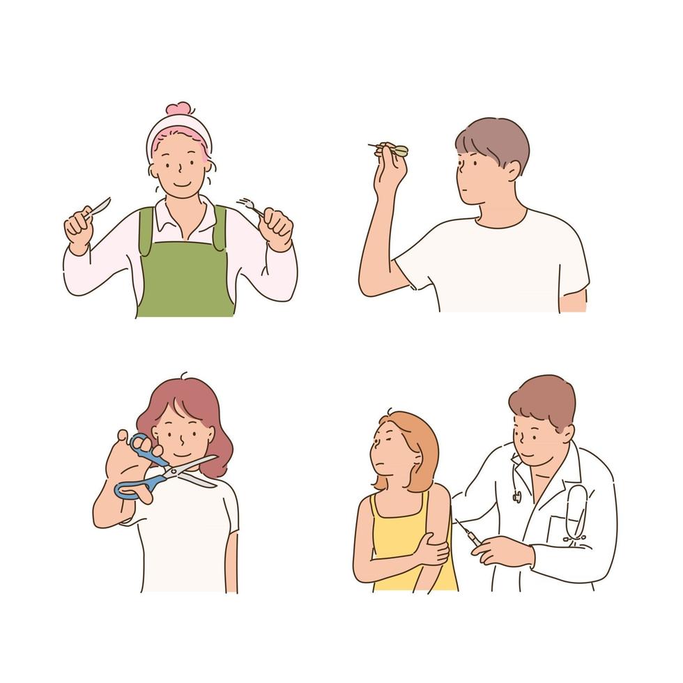 People holding sharp tools. hand drawn style vector design illustrations.