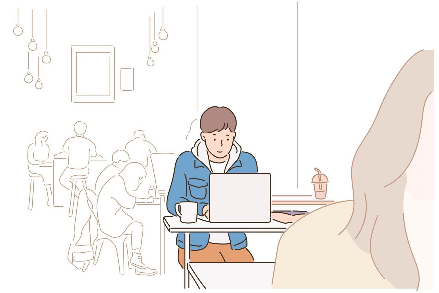 A man is sitting in a cafe with his laptop open. hand drawn style vector design illustrations.