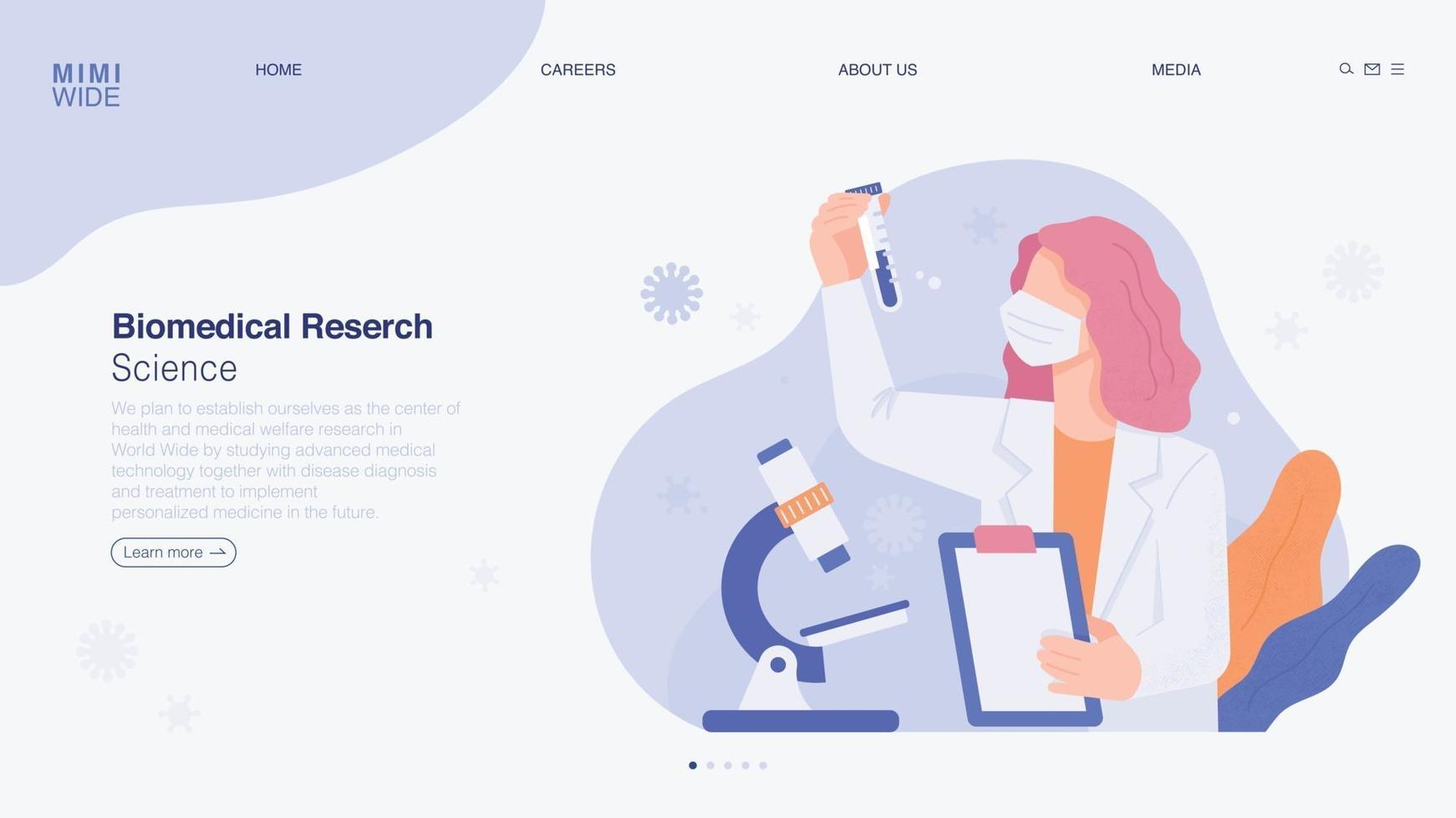 A scientist is doing research in a laboratory. He is watching with a microscope on the table, holding a chart in his hand and a test tube in the other. Online web page concept template. vector