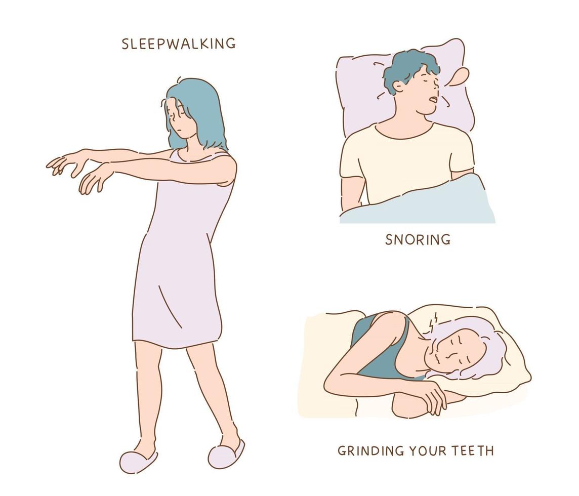 Different sleeping habits of people. hand drawn style vector design illustrations.