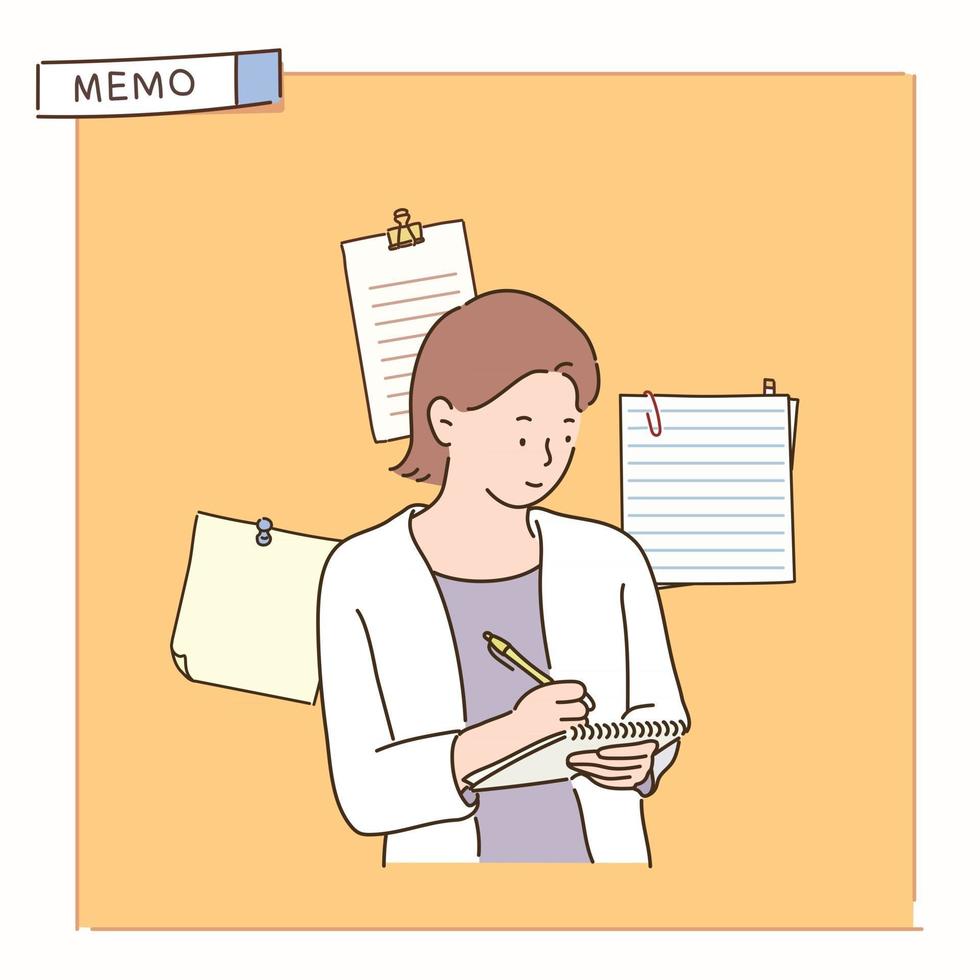 A woman is taking notes in her notebook. hand drawn style vector design illustrations.