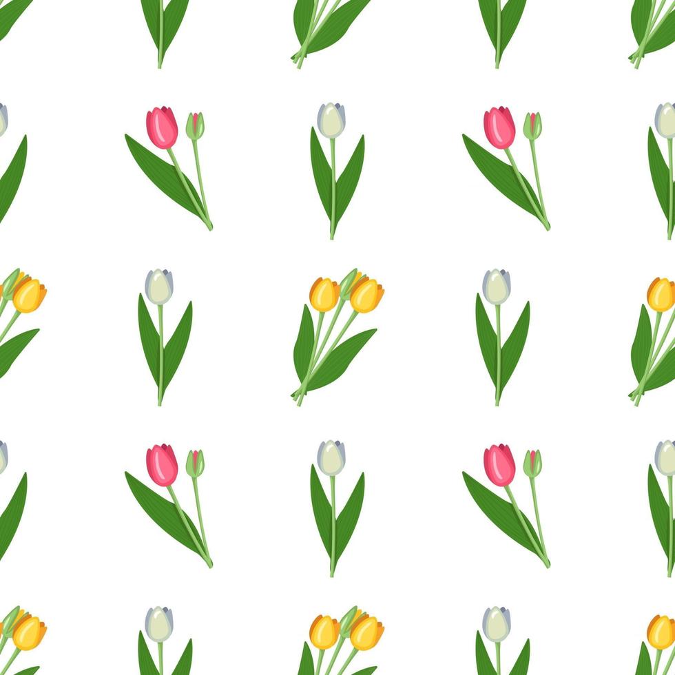 Seamless pattern with spring flowers tulips of different colours. Set of plants with bright buds and green leaves vector