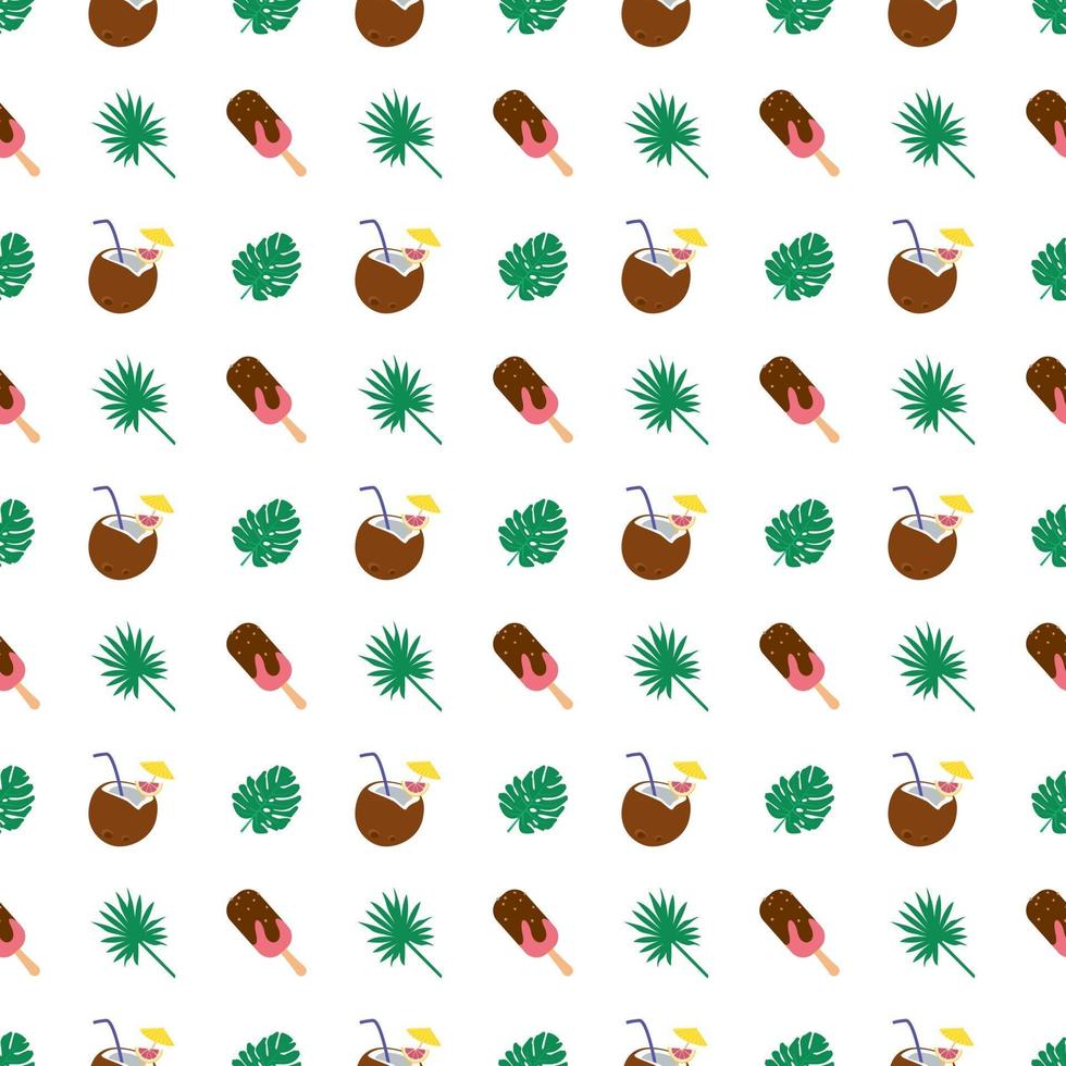 Bright seamless pattern with palm leaves, ice cream and coconuts. Summer print for textiles, wrapping paper and other designs vector