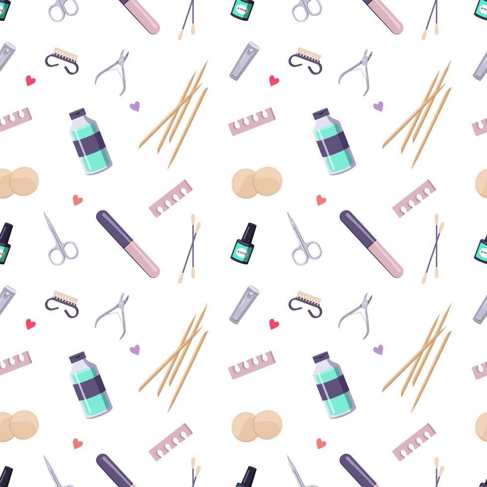 Seamless pattern with a bottle of nail polish and manicure tools. Cute print for beauty salon and fashion master. Hand health care vector
