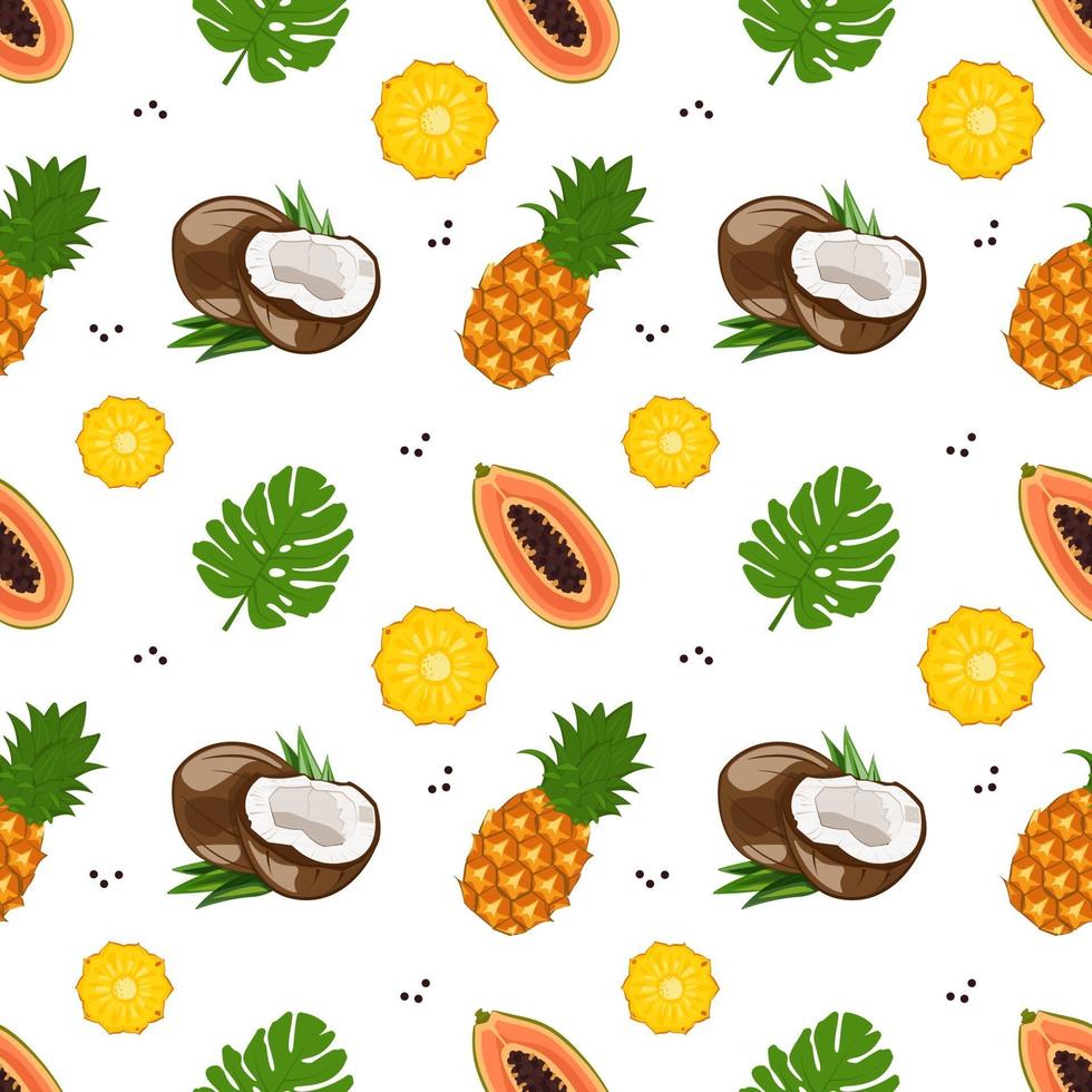 Bright seamless pattern with papaya, coconut and pineapple vector