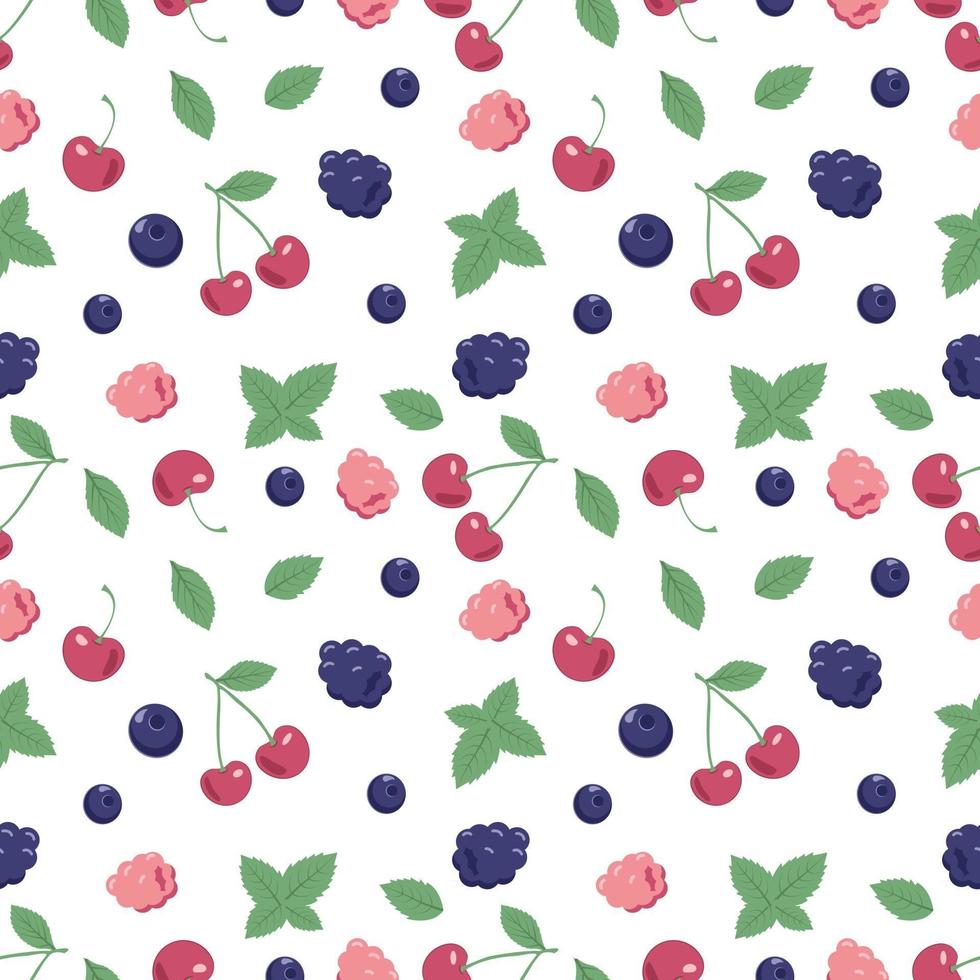 Seamless pattern with berries and mint leaves. A cute summer or spring print with cherries, blueberries and raspberries. Festive decoration for textiles, wrapping paper and design. vector