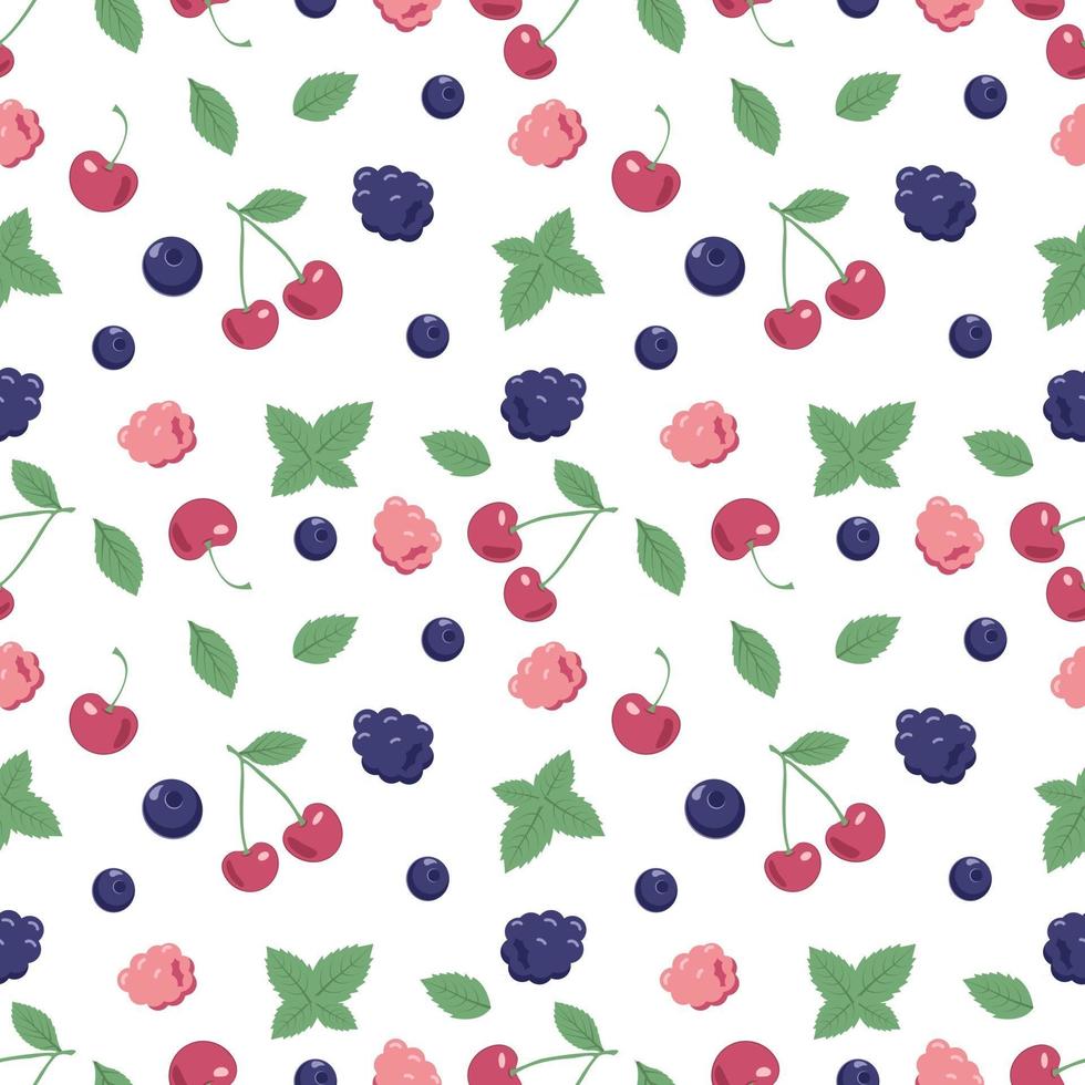 patrón transparente con bayas y hojas de menta. un lindo estampado de verano o primavera con cerezas, arándanos y frambuesas. decoración festiva para textiles, papel de regalo y diseño. vector