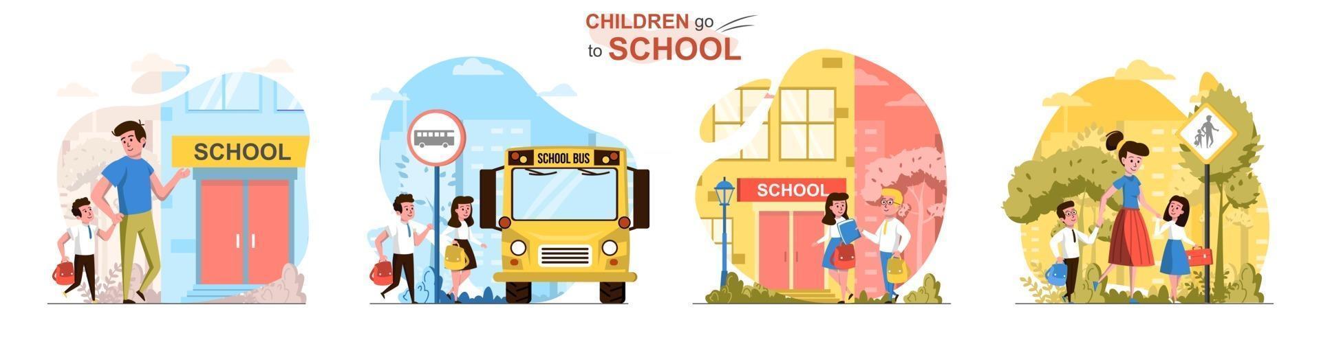 Children go to school flat design concept scenes vector