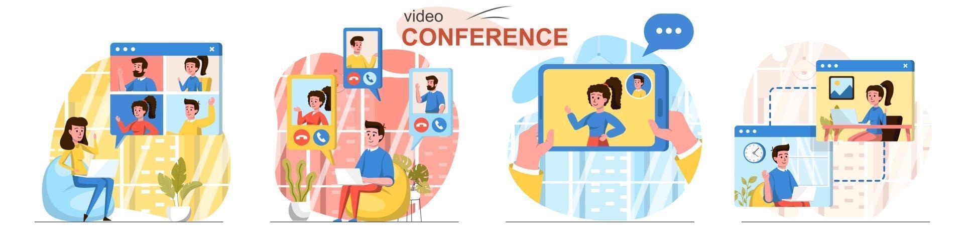 Conjunto de escenas de concepto de diseño plano de videoconferencia vector