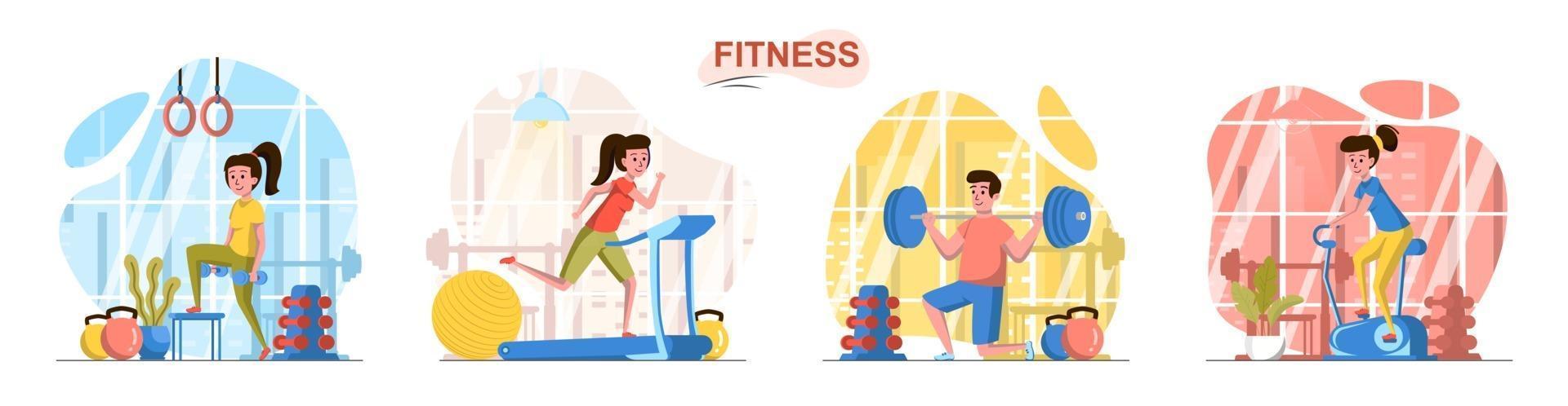 conjunto de escenas de concepto de diseño plano de club deportivo de fitness vector